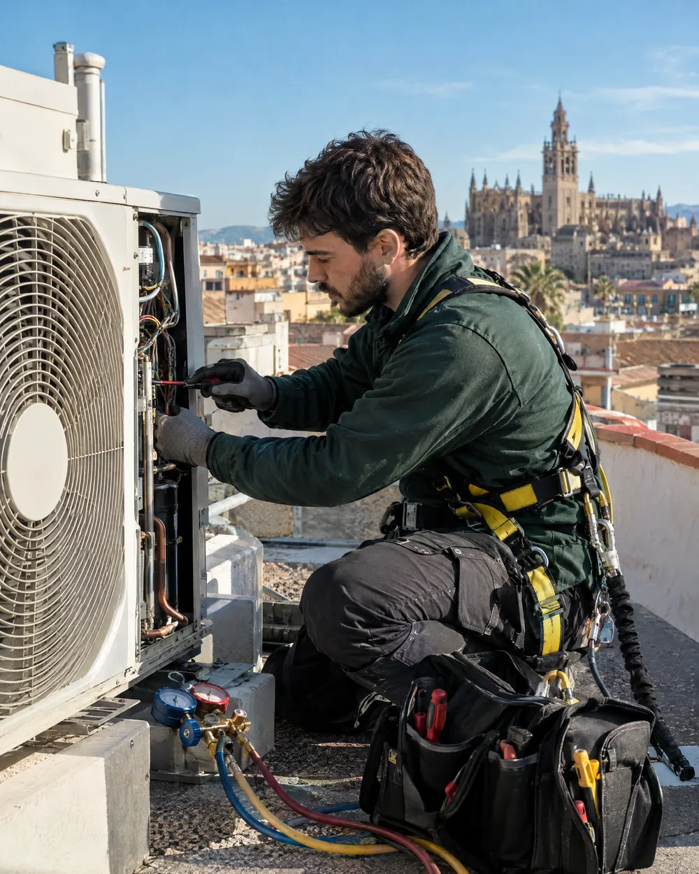 Técnico de climatización trabajando en una azotea